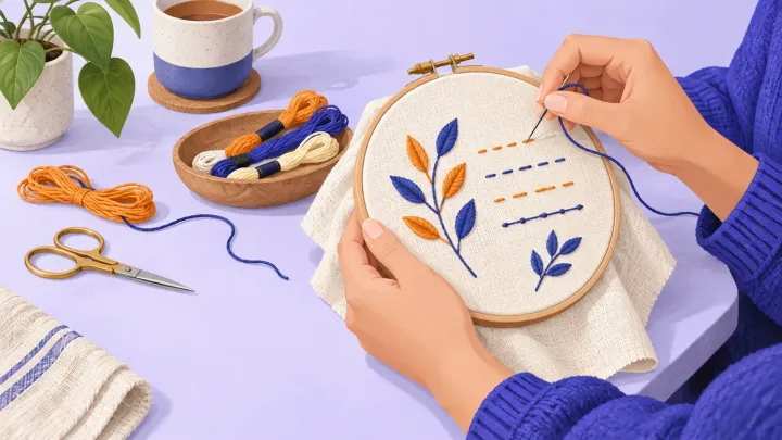 Hands stitch orange and indigo lines and leaves on cream fabric held in a wooden hoop