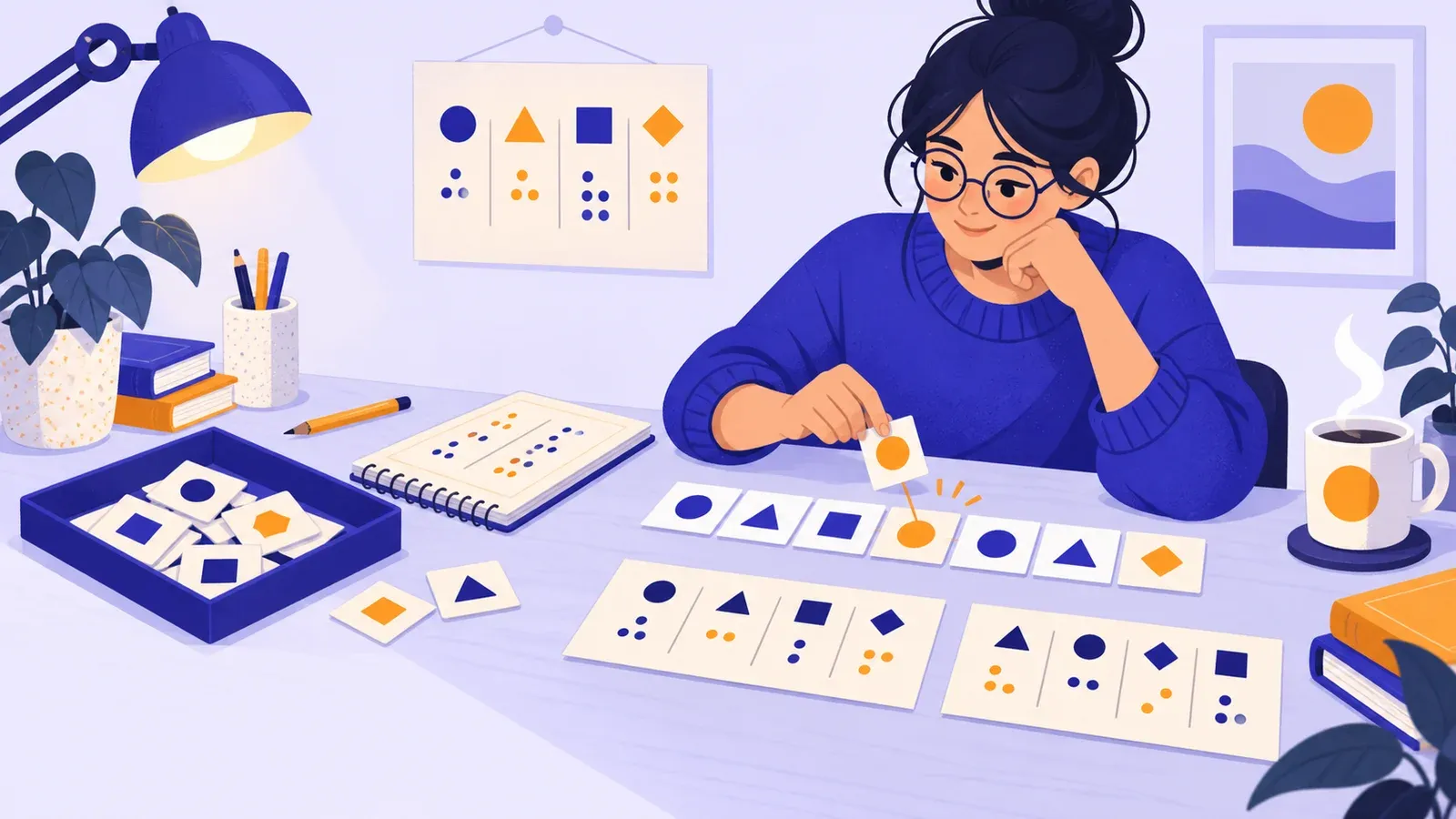 A beginner matches colored symbol cards while solving a paper substitution-cipher puzzle at a desk