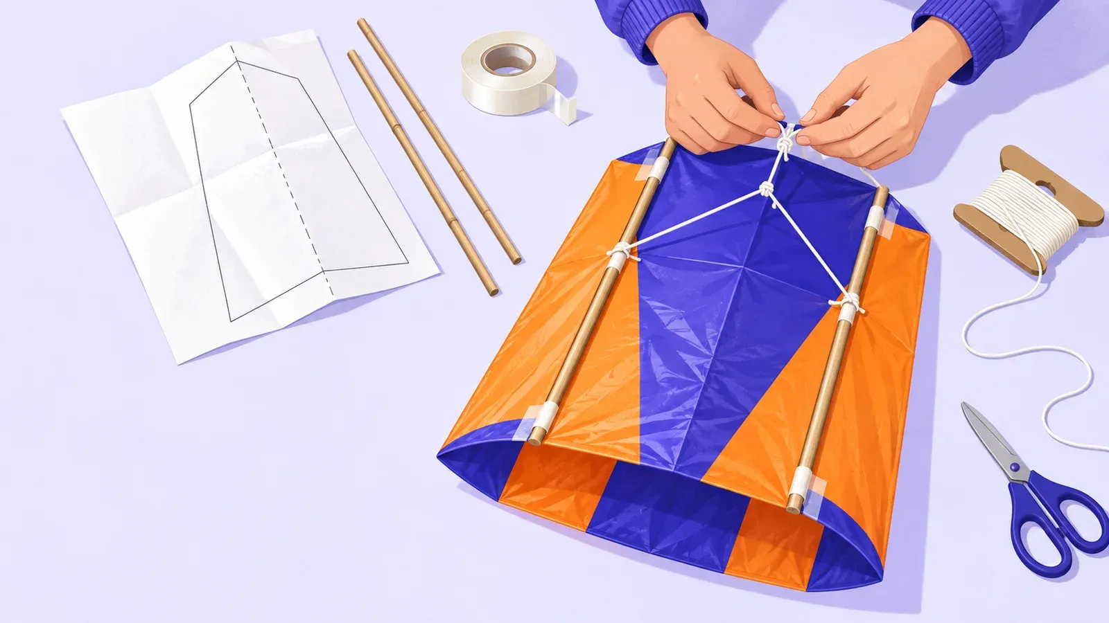 Hands tie the bridle on an orange and indigo sled kite beside a paper template