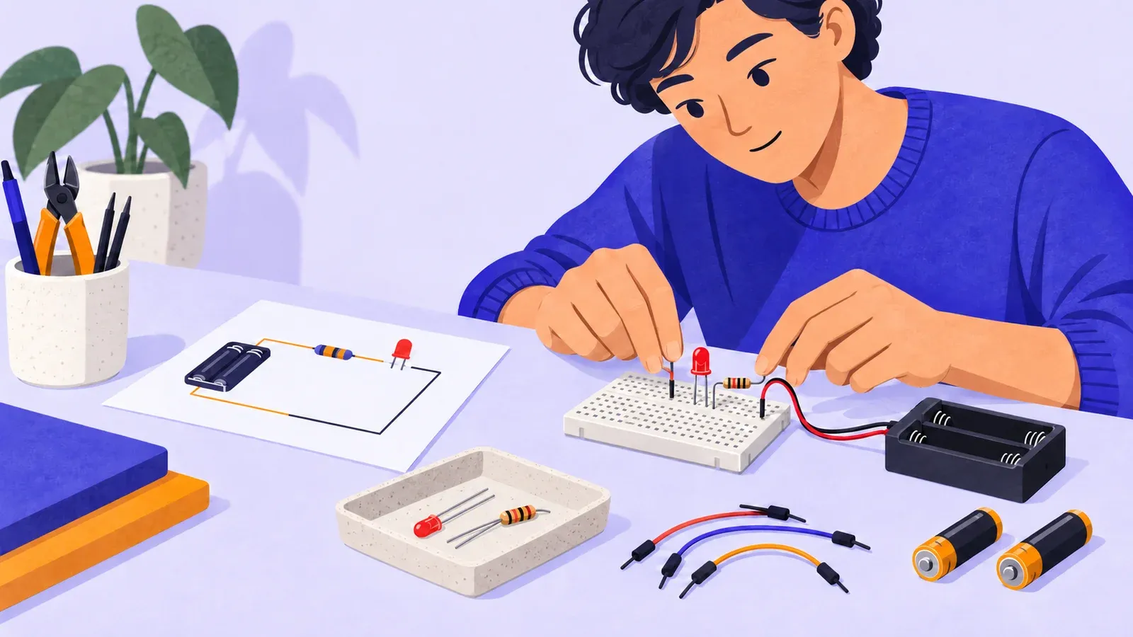 A beginner checks an LED and resistor on a small breadboard before inserting two AA batteries