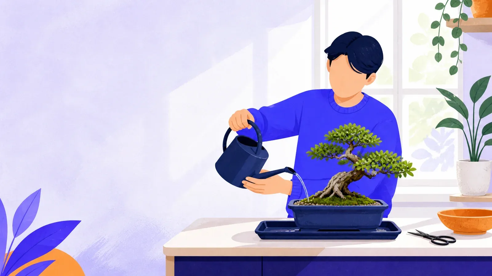 A beginner watering a small bonsai beside a bright window and simple tools