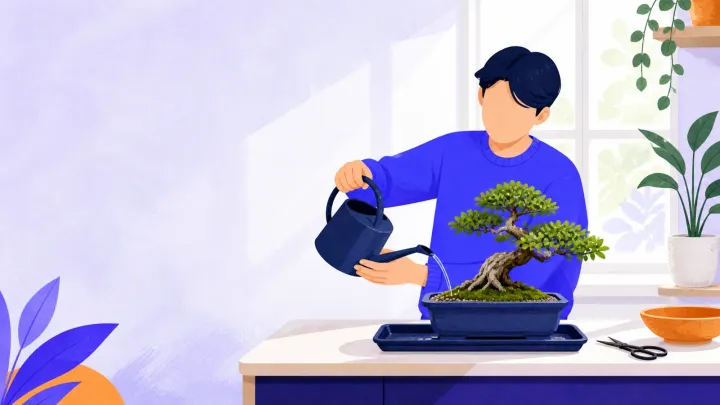 Ein Einsteiger gießt einen kleinen Bonsai neben einem hellen Fenster und einfachen Werkzeugen