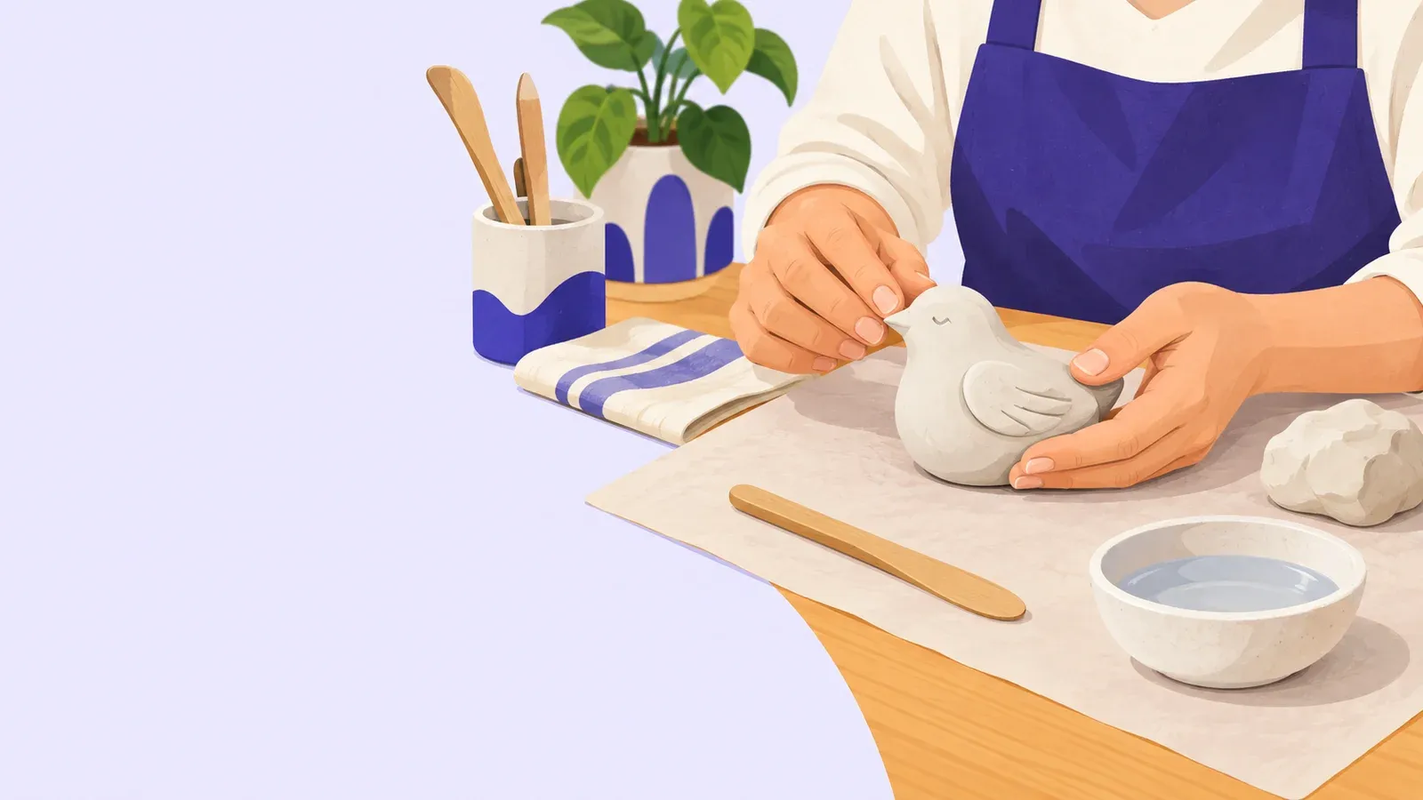 Hands shape a small white clay bird on a mat beside a wooden tool and water dish