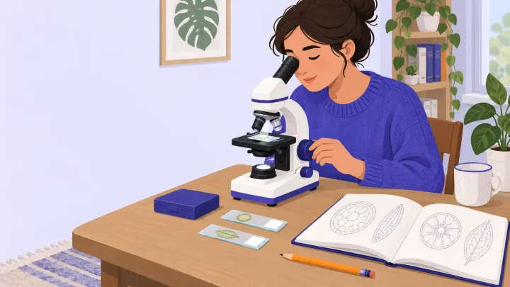 A person looks through a compound microscope beside prepared slides and a notebook with simple specimen sketches