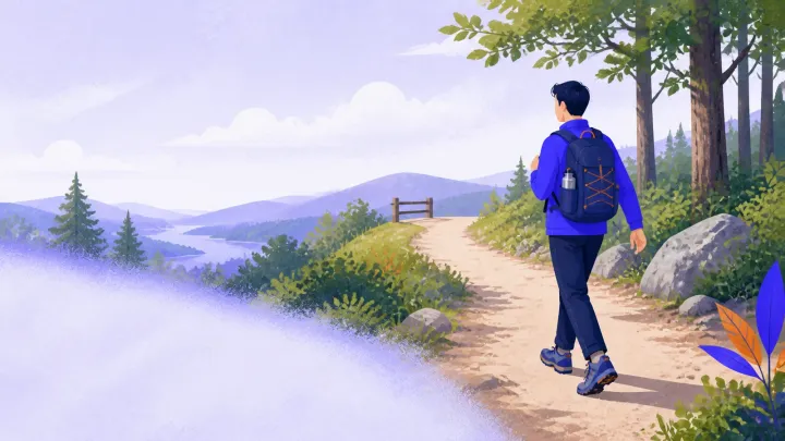 Ein Wanderanfänger mit einem kleinen Tagesrucksack auf einem markierten Weg in der Nähe