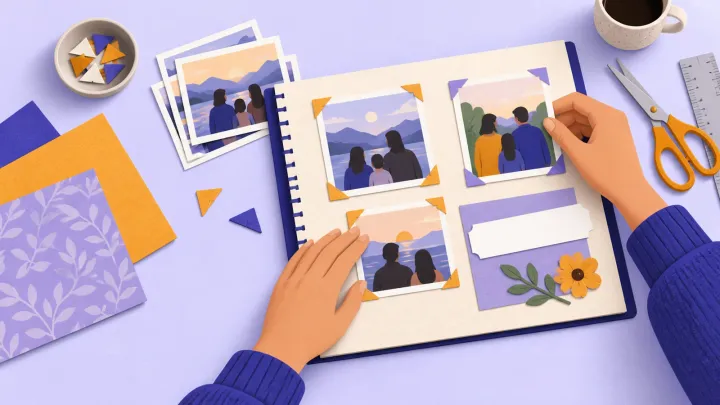 Hands arrange three family photo prints and a blank caption card on a scrapbook page