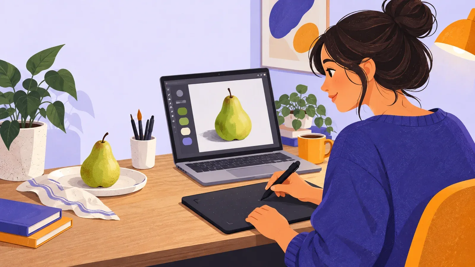 A beginner uses a pen tablet to paint a green pear while observing the fruit beside a laptop