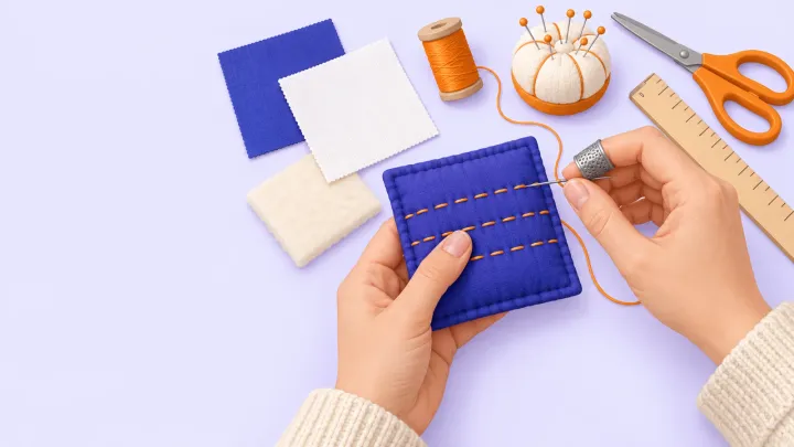 Hands stitch parallel lines through a small indigo quilted square beside cotton fabric, batting, and thread
