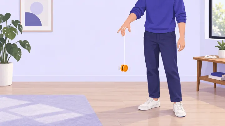 A person practices a downward throw with an orange yo-yo on a white string in a clear indoor space