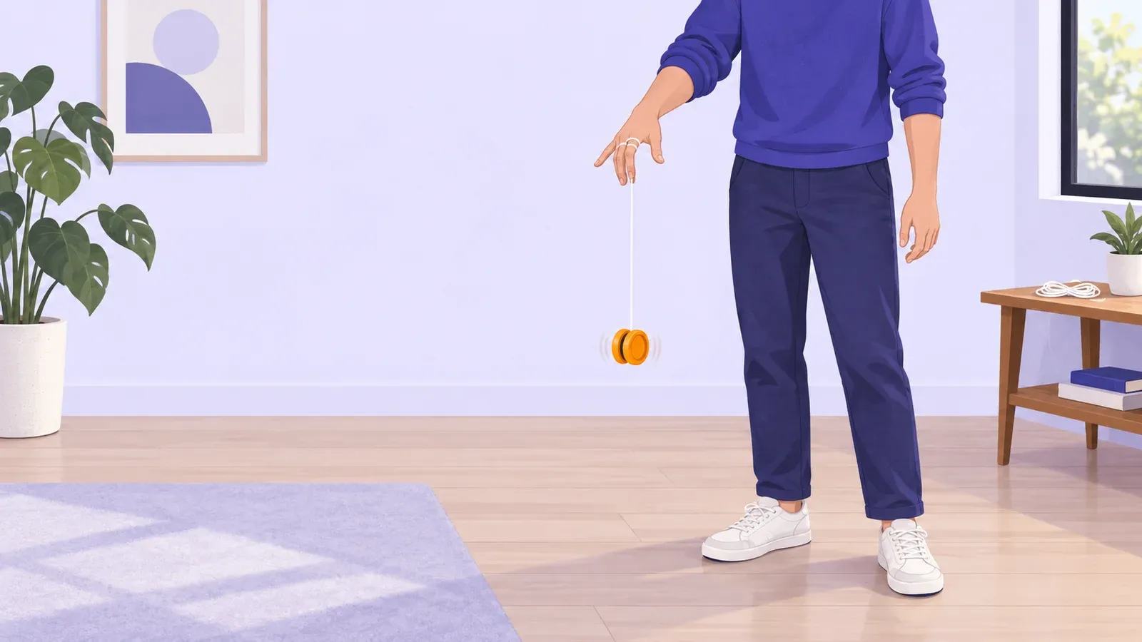 A person practices a downward throw with an orange yo-yo on a white string in a clear indoor space