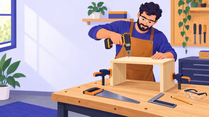 A beginner drills a clamped three-board pine shelf at a tidy workbench with hand tools nearby