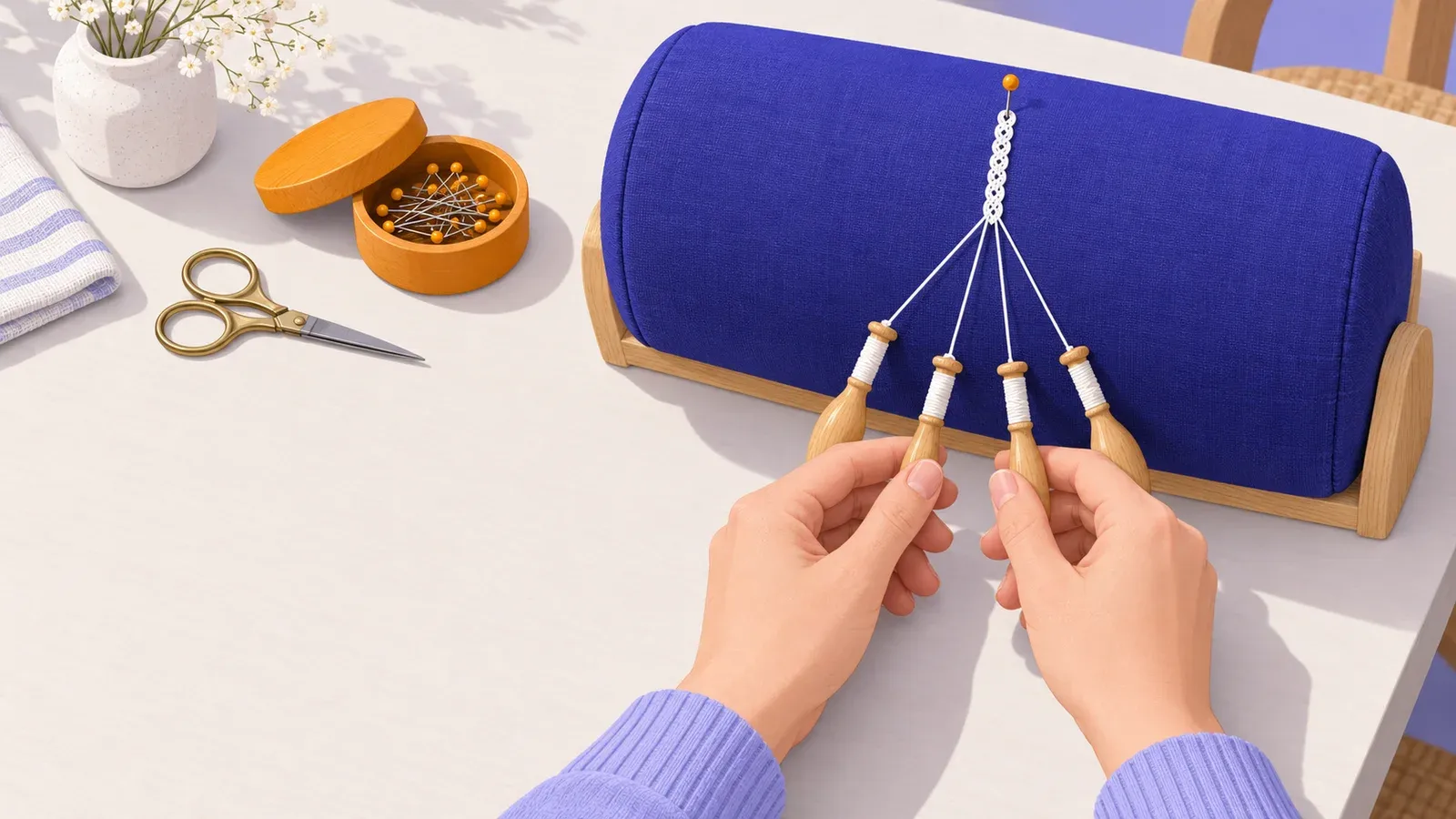 Hands cross four wooden bobbins below a short white plait pinned to an indigo lace pillow