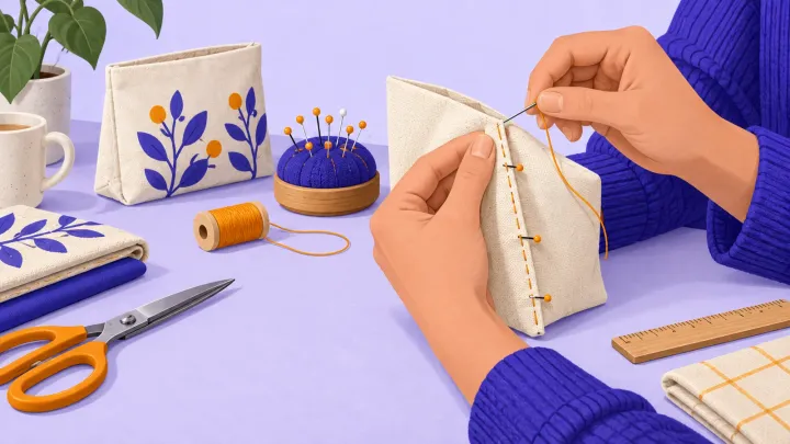 A beginner hand-stitches a straight side seam on a small cream cotton pouch