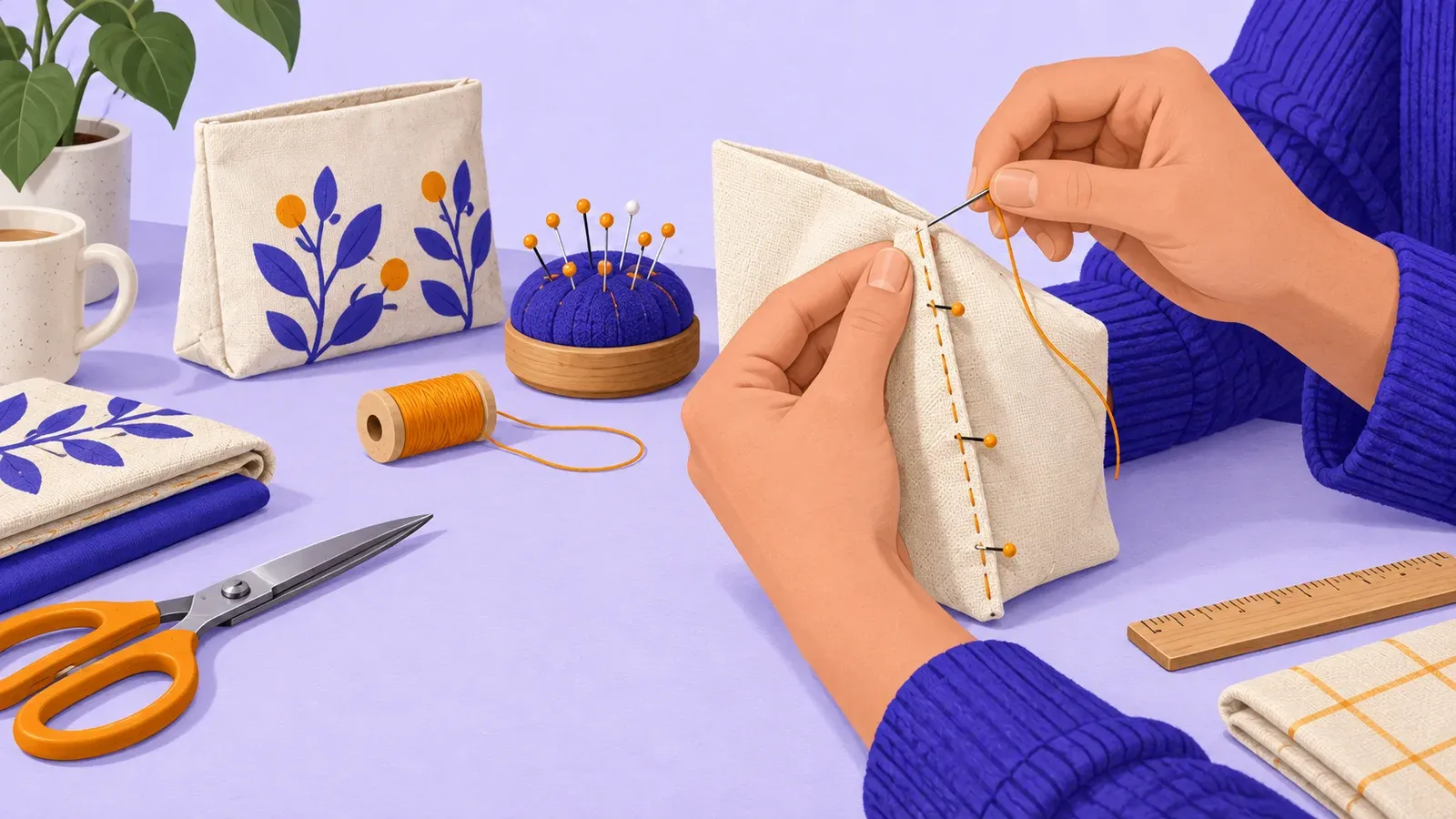 A beginner hand-stitches a straight side seam on a small cream cotton pouch