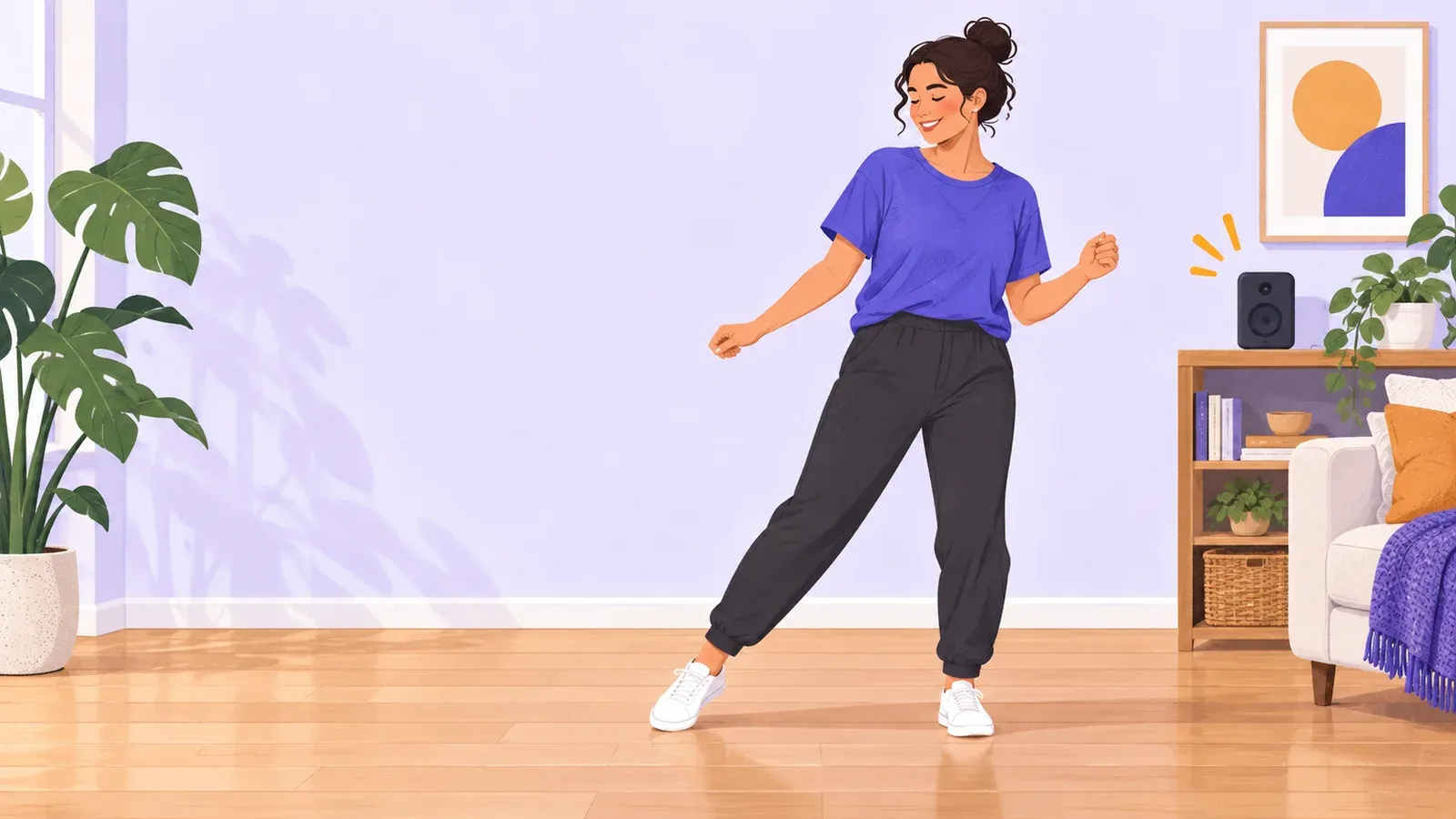 An adult beginner practices a relaxed side step in a clear living room while music plays