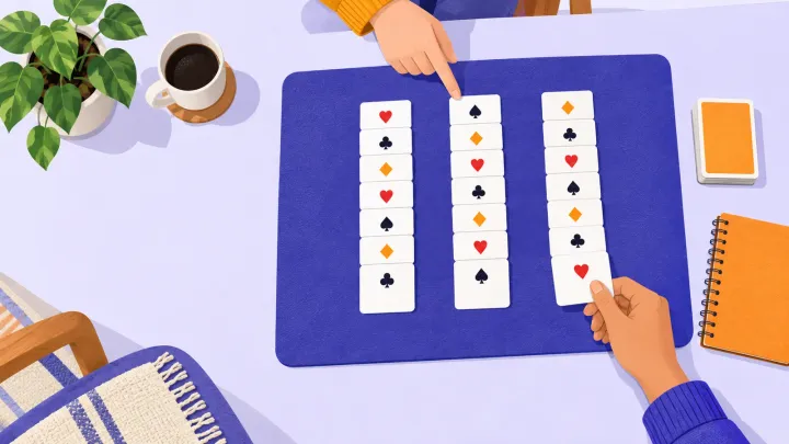 A hand deals white playing cards with simple suit symbols into three columns on an indigo table mat