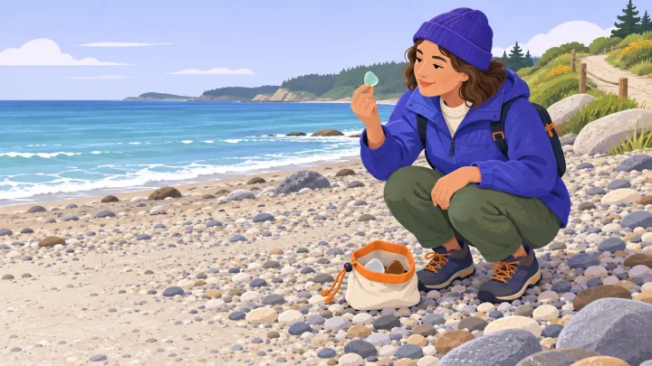 A beachcomber examines smooth green glass beside a small collection pouch on a calm pebbly shore
