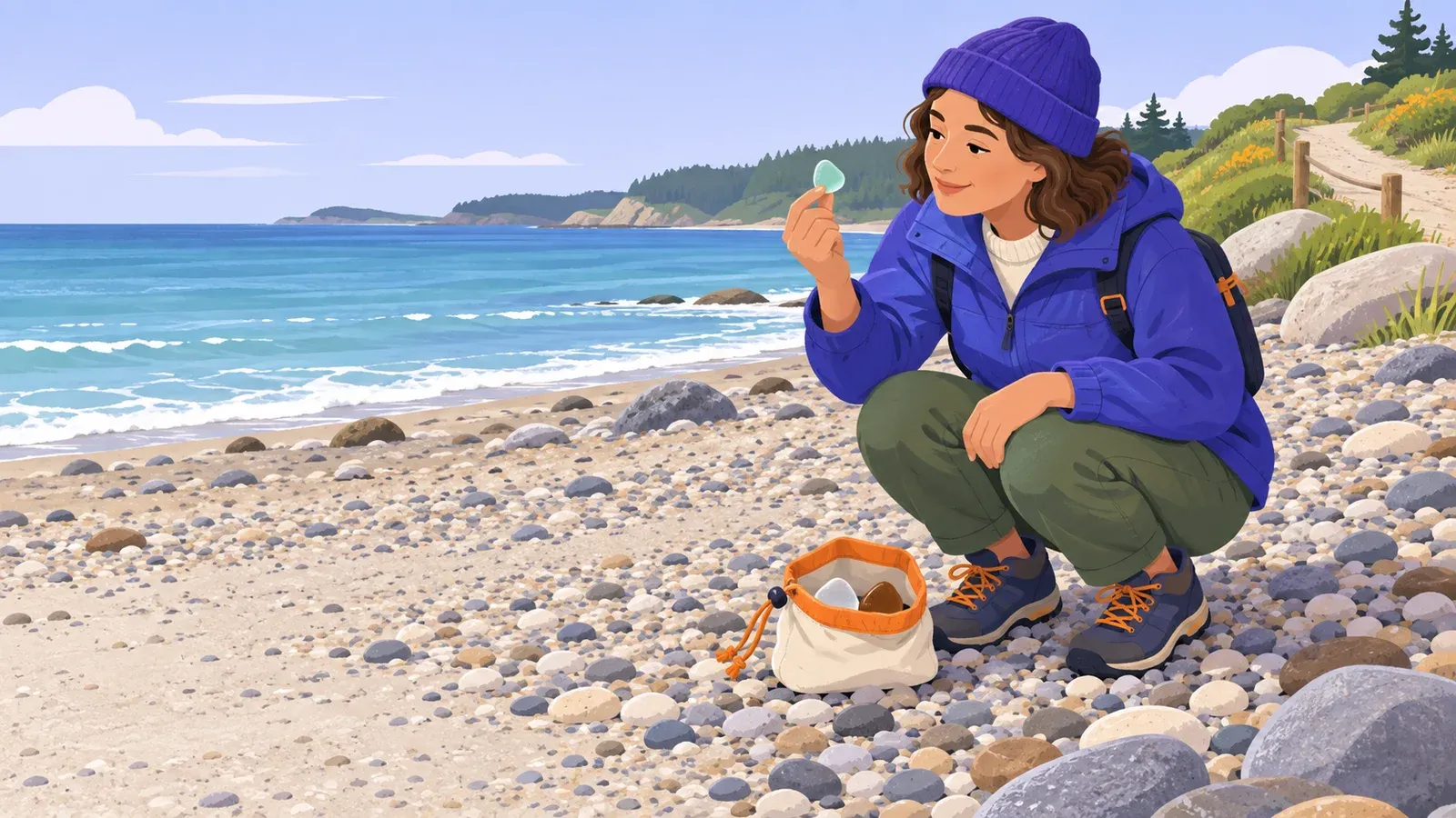 A beachcomber examines smooth green glass beside a small collection pouch on a calm pebbly shore