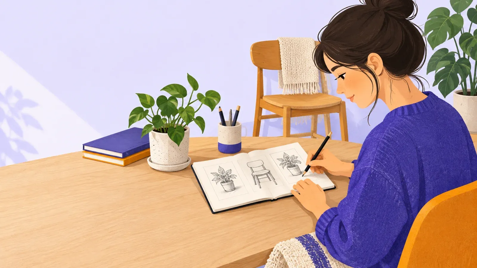 A beginner makes quick pencil studies of a plant and chair in an open sketchbook