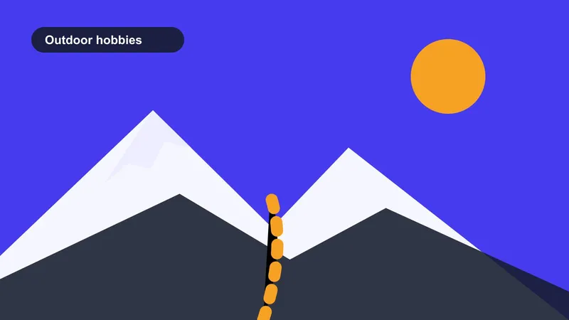 An abstract mountain trail beneath an orange sun in brand colors