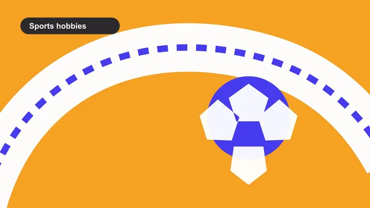 An abstract running track and ball in indigo, orange, and white